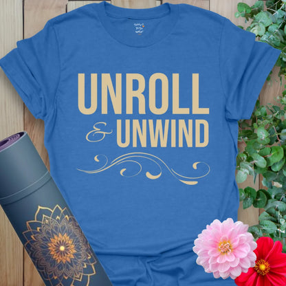 Heather Royal Unroll T-Shirt with modern typography and graceful flair. Yoga lifestyle shirt for balance and flow.