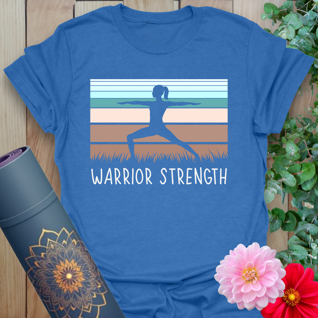 Soft cotton yoga tee featuring silhouetted Warrior II pose with sunset stripe background and “Warrior Strength” text.