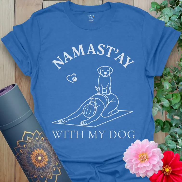 Heather Royal With My Dog T-Shirt with whimsical dog-on-yogi design. Yoga humor shirt for dog owners.