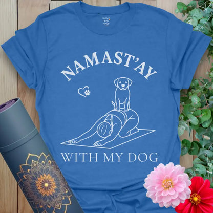 Heather Royal With My Dog T-Shirt with whimsical dog-on-yogi design. Yoga humor shirt for dog owners.