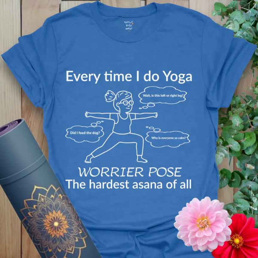 Heather Royal Worrier T-Shirt showing a line-art woman in Warrior Pose, surrounded by thought bubbles. Yoga humor tee blending calm and comedy.