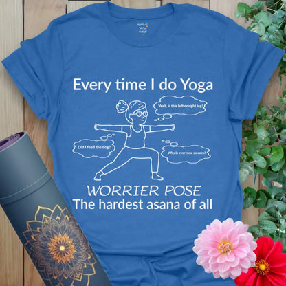 Heather Royal Worrier T-Shirt showing a line-art woman in Warrior Pose, surrounded by thought bubbles. Yoga humor tee blending calm and comedy.