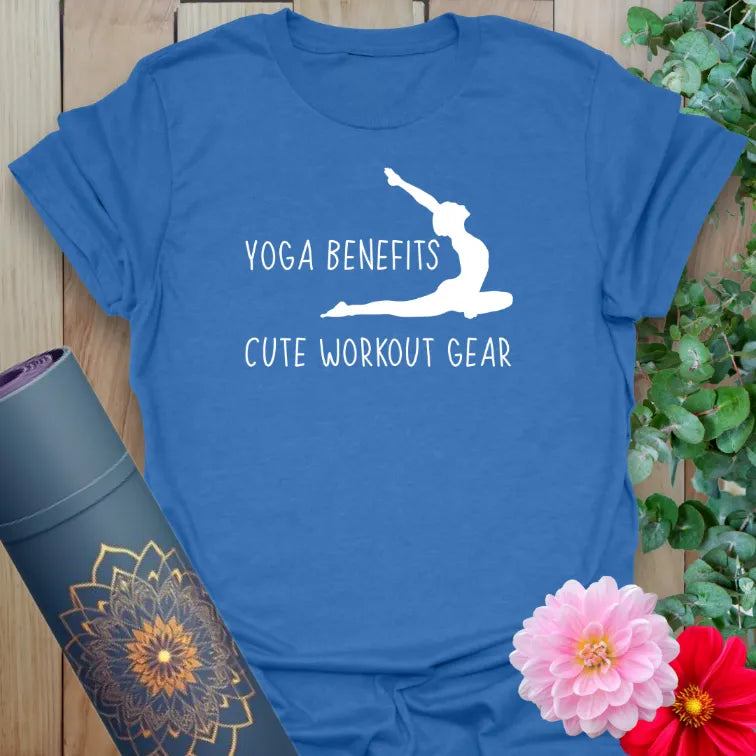 Soft cotton yoga tee with silhouette in Warrior I pose and “Yoga Benefits: Cute Workout Gear” quote in white.