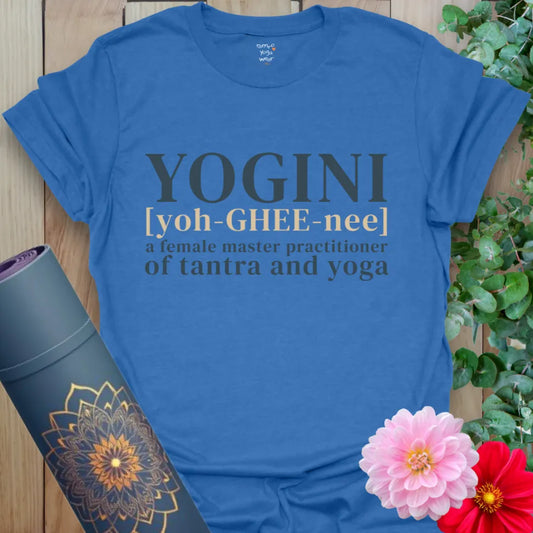 Heather Royal Yogini T-Shirt featuring clear phonetic spelling and meaning. Ideal tee for everyday yoga vibes