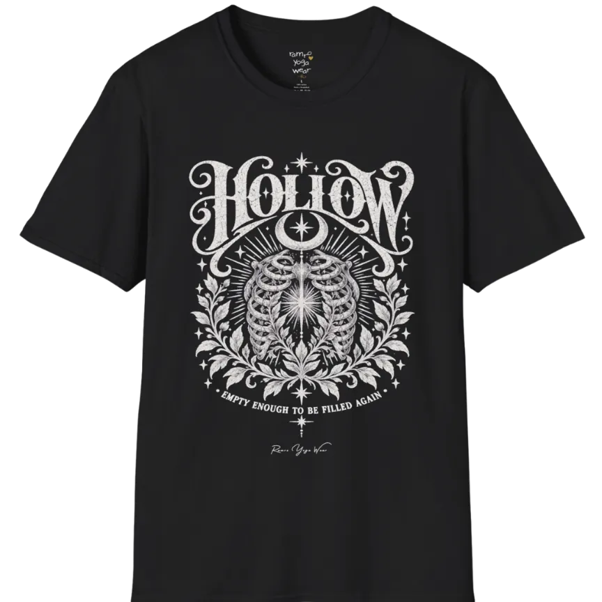 Symbolic ribcage engraving with a single glowing light at the center, crescent moon behind. Hollow T-Shirt flat lay is a Gildan 64000 and the color is Black.