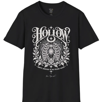 Symbolic ribcage engraving with a single glowing light at the center, crescent moon behind. Hollow T-Shirt flat lay is a Gildan 64000 and the color is Black.