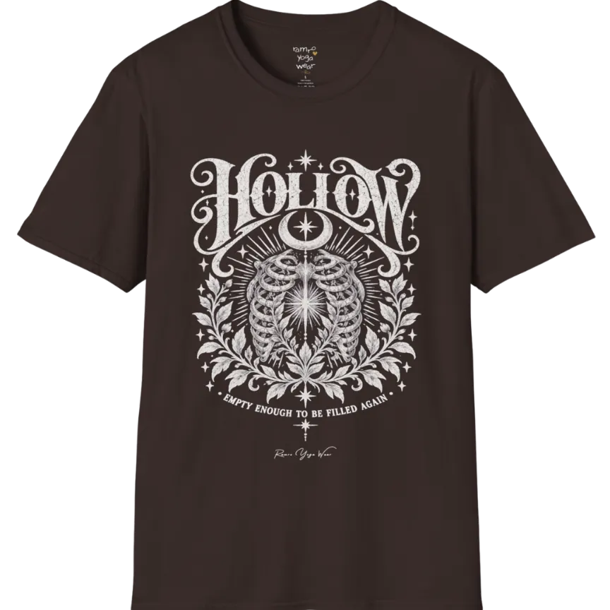 Symbolic ribcage engraving with a single glowing light at the center, crescent moon behind. Hollow T-Shirt flat lay is a Gildan 64000 and the color is Dark Chocolate.