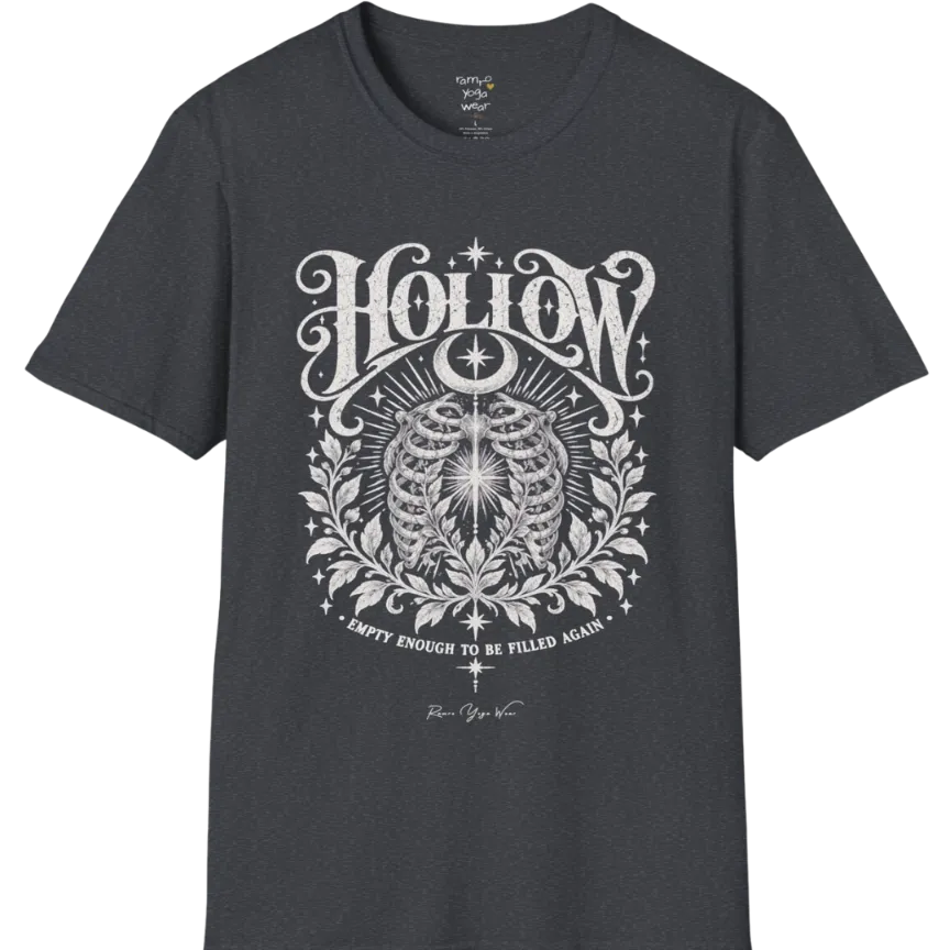 Symbolic ribcage engraving with a single glowing light at the center, crescent moon behind. Hollow T-Shirt flat lay is a Gildan 64000 and the color is Dark Heather Grey.