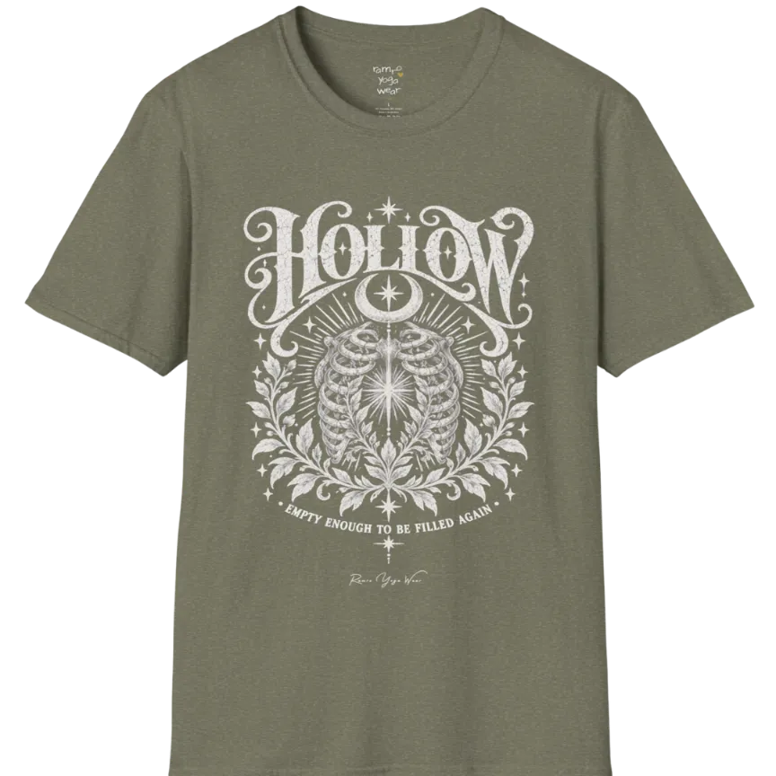 Symbolic ribcage engraving with a single glowing light at the center, crescent moon behind. Hollow T-Shirt flat lay is a Gildan 64000 and the color is Heather Military Green.