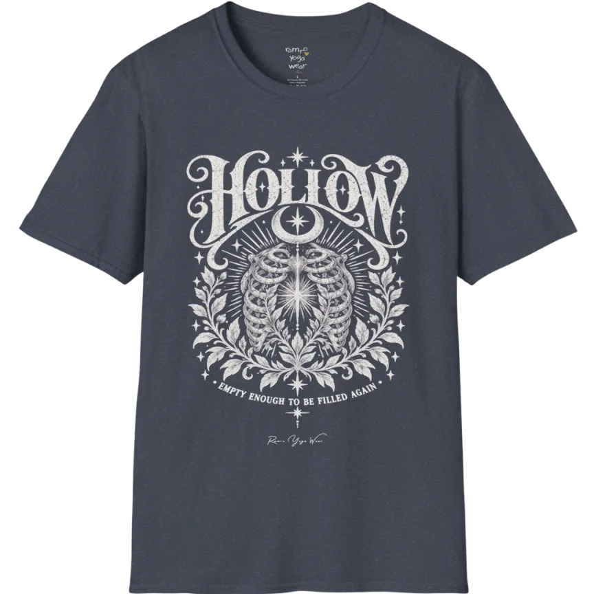 Symbolic ribcage engraving with a single glowing light at the center, crescent moon behind. Hollow T-Shirt flat lay is a Gildan 64000 and the color is Heather Navy.