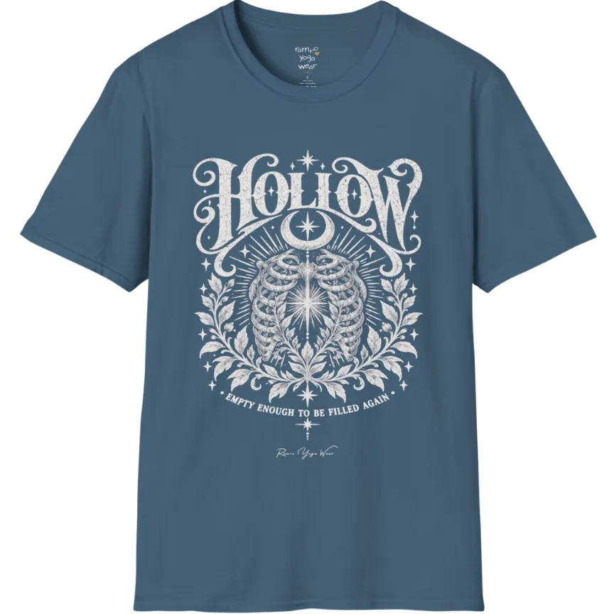 Symbolic ribcage engraving with a single glowing light at the center, crescent moon behind. Hollow T-Shirt flat lay is a Gildan 64000 and the color is Indigo Blue.
