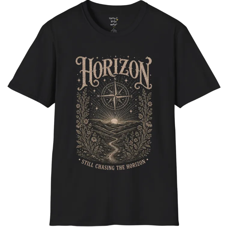 A short sleeved tee with the hills and rising sun and a compass rose — Sacred Thread collection by Ramro Yoga Wear in Black