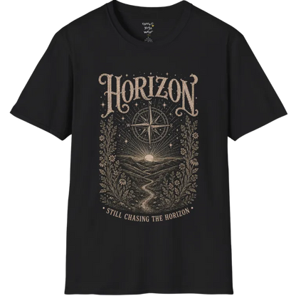 A short sleeved tee with the hills and rising sun and a compass rose — Sacred Thread collection by Ramro Yoga Wear in Black