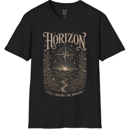 A short sleeved tee with the hills and rising sun and a compass rose — Sacred Thread collection by Ramro Yoga Wear in Black