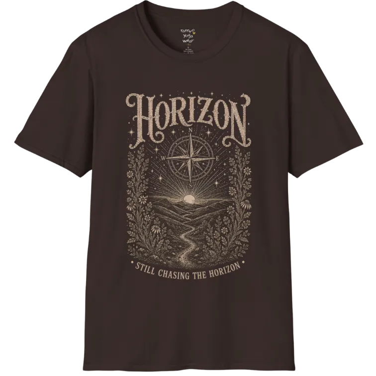 A short sleeved tee with the hills and rising sun and a compass rose — Sacred Thread collection by Ramro Yoga Wear in Dark Chocolate