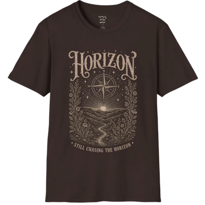 A short sleeved tee with the hills and rising sun and a compass rose — Sacred Thread collection by Ramro Yoga Wear in Dark Chocolate