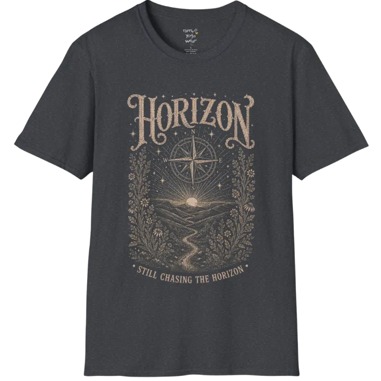 A short sleeved tee with the hills and rising sun and a compass rose — Sacred Thread collection by Ramro Yoga Wear in Dark Heather Grey