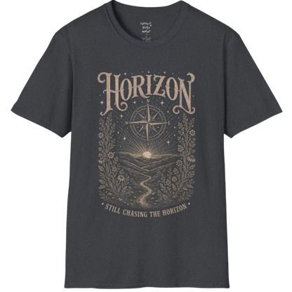 A short sleeved tee with the hills and rising sun and a compass rose — Sacred Thread collection by Ramro Yoga Wear in Dark Heather Grey