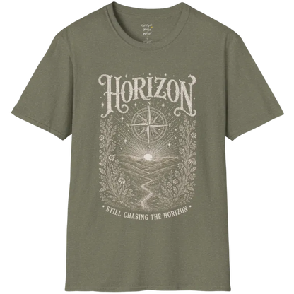 A short sleeved tee with the hills and rising sun and a compass rose — Sacred Thread collection by Ramro Yoga Wear in Heather Military Green