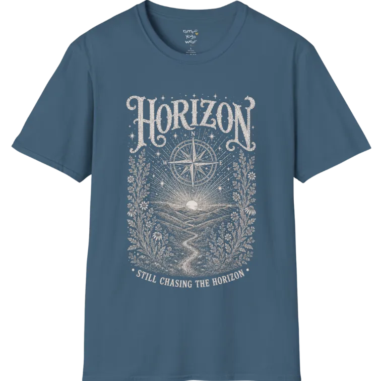 A short sleeved tee with the hills and rising sun and a compass rose — Sacred Thread collection by Ramro Yoga Wear in Indigo Blue
