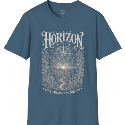 A short sleeved tee with the hills and rising sun and a compass rose — Sacred Thread collection by Ramro Yoga Wear in Indigo Blue