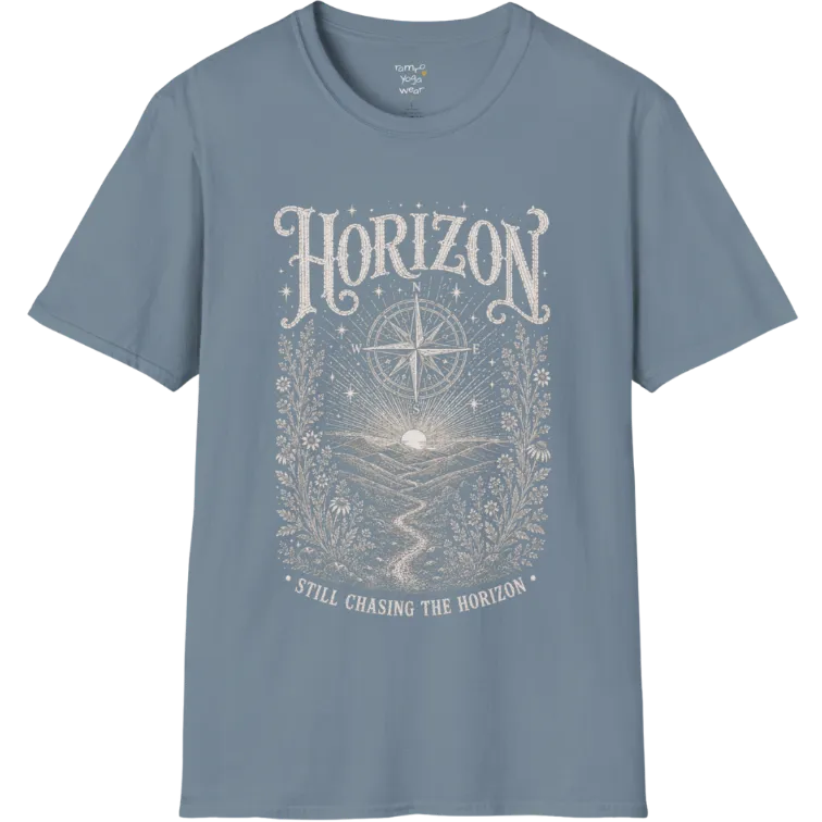 A short sleeved tee with the hills and rising sun and a compass rose — Sacred Thread collection by Ramro Yoga Wear in Stone Blue