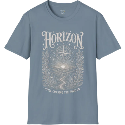 A short sleeved tee with the hills and rising sun and a compass rose — Sacred Thread collection by Ramro Yoga Wear in Stone Blue