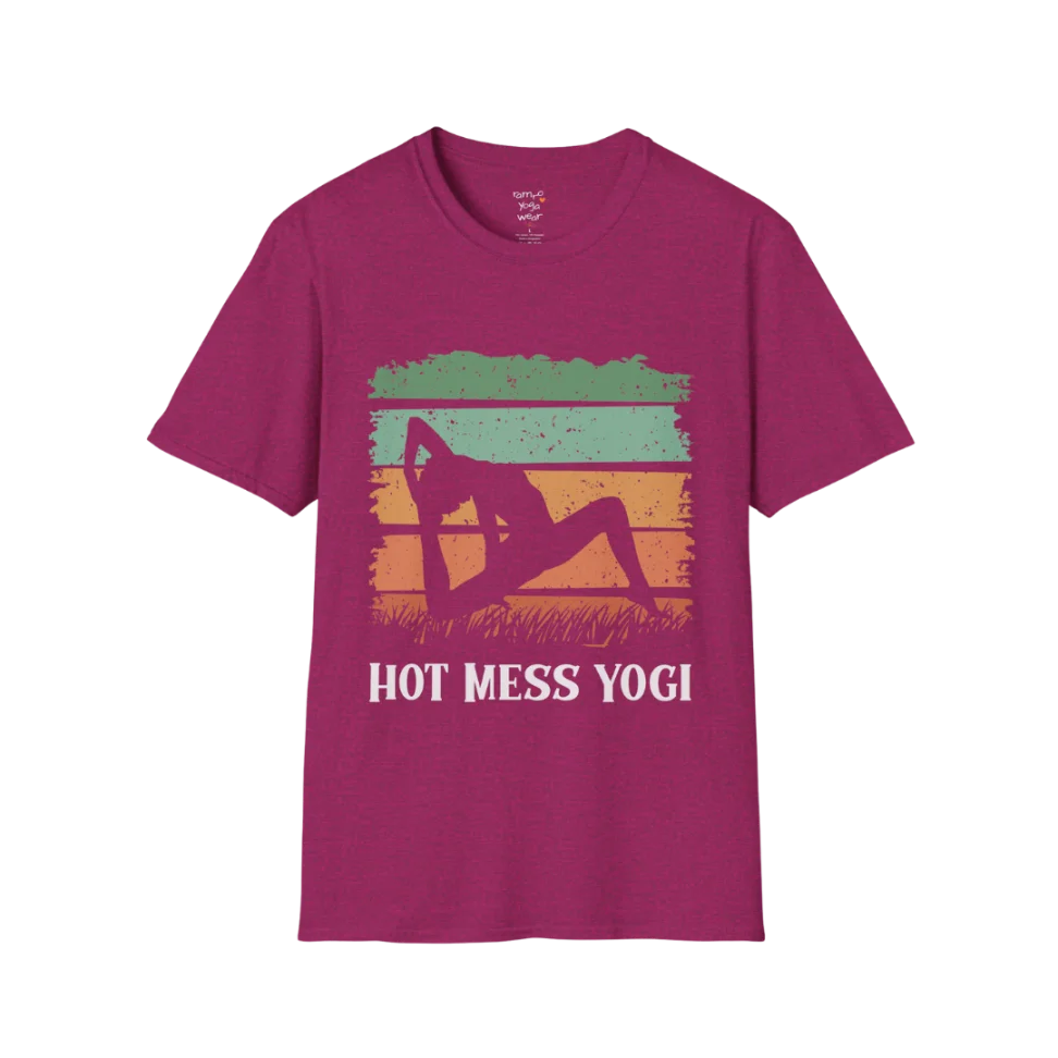 Hot Mess T-Shirt Antique Heliconia featuring retro sunset-inspired yoga artwork with playful mindful energy and vintage tones. Relaxed lifestyle tee designed for calm everyday wear.