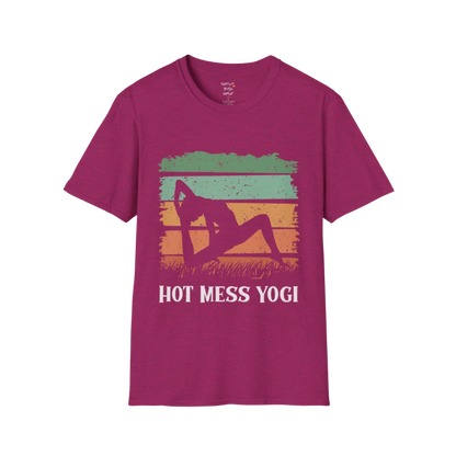 Hot Mess T-Shirt Antique Heliconia featuring retro sunset-inspired yoga artwork with playful mindful energy and vintage tones. Relaxed lifestyle tee designed for calm everyday wear.