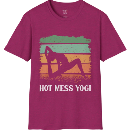 Retro sunset yoga silhouette in backbend pose with striped sky and grass design, "Hot Mess Yogi" text — The Vault collection by Ramro Yoga Wear — Antique Heliconia