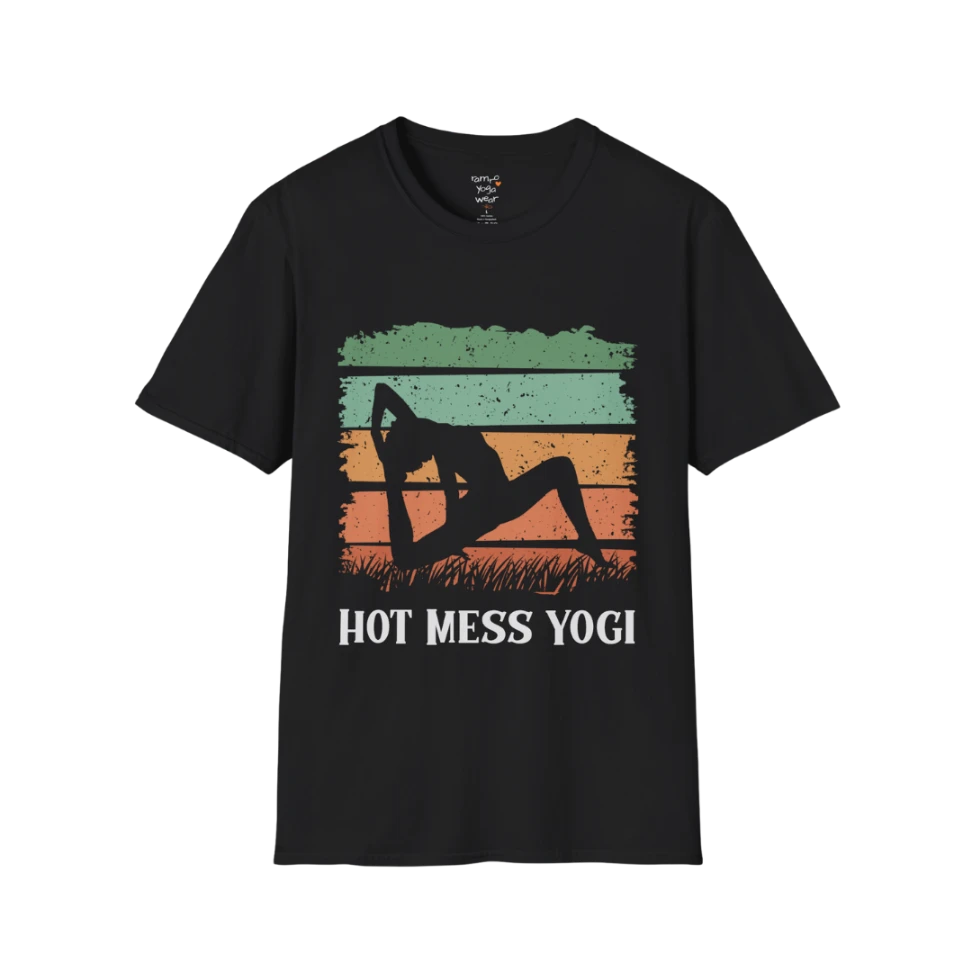 Hot Mess T-Shirt Black featuring retro yoga-inspired sunset artwork with warm vintage colors and relaxed mindful personality. Soft graphic tee for yoga lovers and wellness lifestyles.