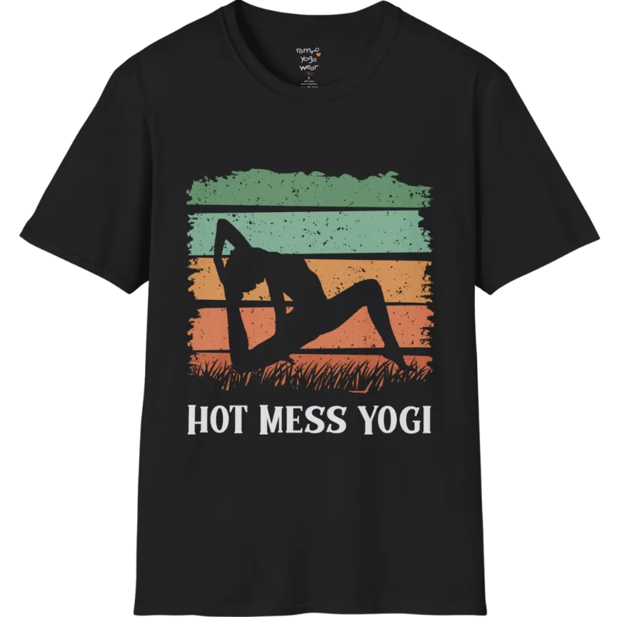 Retro sunset yoga silhouette in backbend pose with striped sky and grass design, "Hot Mess Yogi" text — The Vault collection by Ramro Yoga Wear —  Black