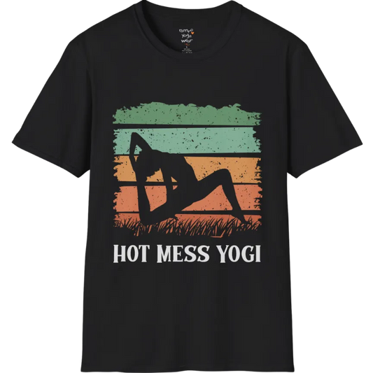 Retro sunset yoga silhouette in backbend pose with striped sky and grass design, "Hot Mess Yogi" text — The Vault collection by Ramro Yoga Wear —  Black