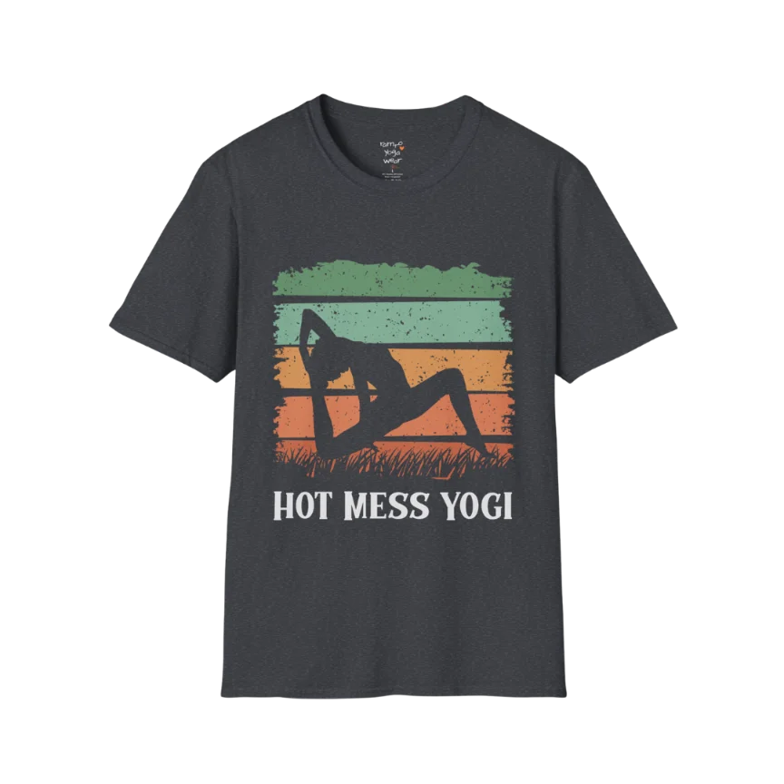 Hot Mess T-Shirt Dark Heather Grey featuring vintage-style yoga artwork with playful calm energy and retro sunset aesthetic. Relaxed mindful streetwear for everyday comfort.