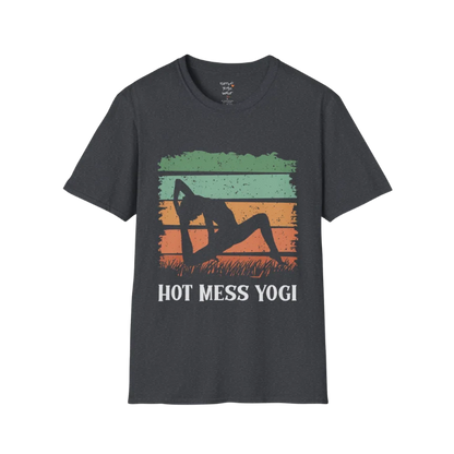 Hot Mess T-Shirt Dark Heather Grey featuring vintage-style yoga artwork with playful calm energy and retro sunset aesthetic. Relaxed mindful streetwear for everyday comfort.