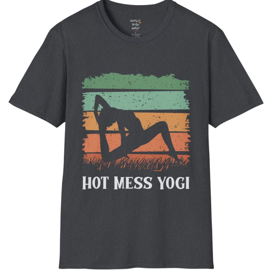Retro sunset yoga silhouette in backbend pose with striped sky and grass design, "Hot Mess Yogi" text — The Vault collection by Ramro Yoga Wear — Dark Heather Grey