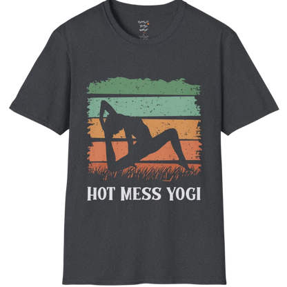 Retro sunset yoga silhouette in backbend pose with striped sky and grass design, "Hot Mess Yogi" text — The Vault collection by Ramro Yoga Wear — Dark Heather Grey