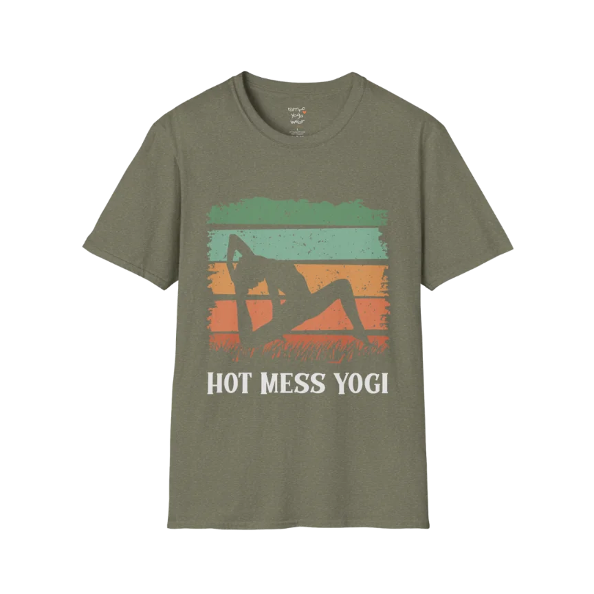 Hot Mess T-Shirt Heather Military Green featuring retro-inspired sunset yoga artwork with earthy vintage tones and relaxed mindful energy. Soft lifestyle tee designed for calm living.