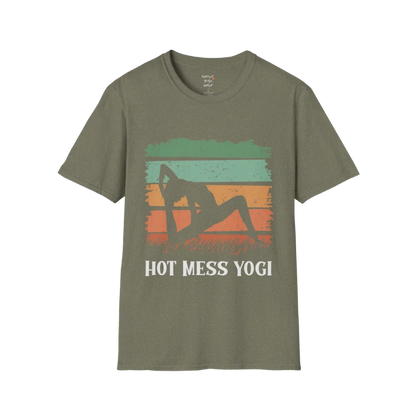 Hot Mess T-Shirt Heather Military Green featuring retro-inspired sunset yoga artwork with earthy vintage tones and relaxed mindful energy. Soft lifestyle tee designed for calm living.