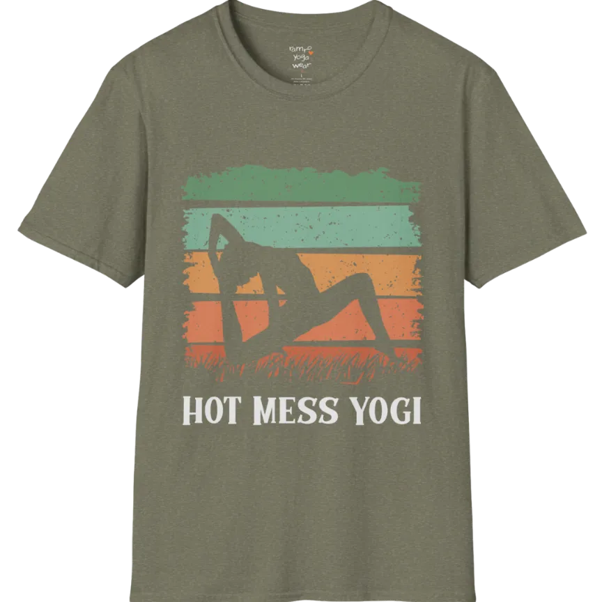 Hot Mess T-Shirt Heather Military Green featuring retro-inspired sunset yoga artwork with earthy vintage tones and relaxed mindful energy. Soft lifestyle tee designed for calm living.