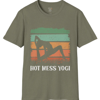 Hot Mess T-Shirt Heather Military Green featuring retro-inspired sunset yoga artwork with earthy vintage tones and relaxed mindful energy. Soft lifestyle tee designed for calm living.