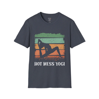 Hot Mess T-Shirt Heather Navy featuring retro yoga-inspired sunset artwork with playful wellness personality and relaxed vintage aesthetic. Lightweight mindful fashion tee for everyday wear.