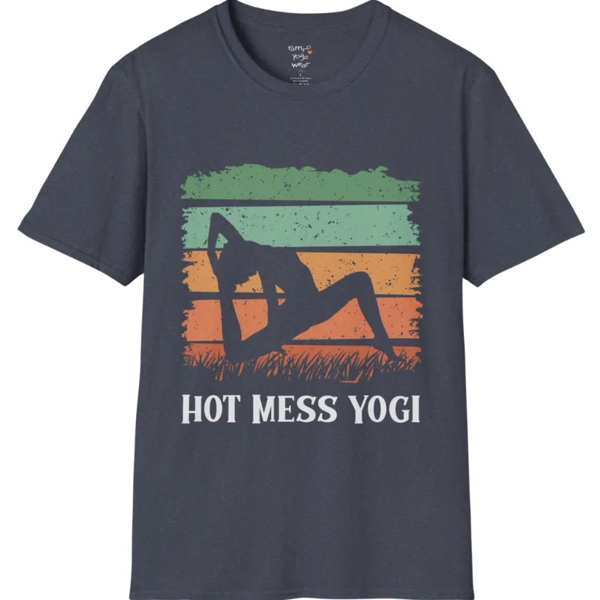 Hot Mess T-Shirt Heather Navy featuring retro yoga-inspired sunset artwork with playful wellness personality and relaxed vintage aesthetic. Lightweight mindful fashion tee for everyday wear.