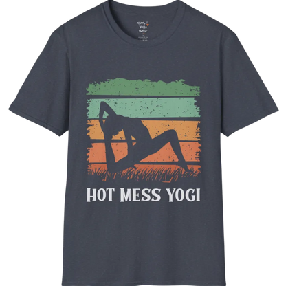 Hot Mess T-Shirt Heather Navy featuring retro yoga-inspired sunset artwork with playful wellness personality and relaxed vintage aesthetic. Lightweight mindful fashion tee for everyday wear.