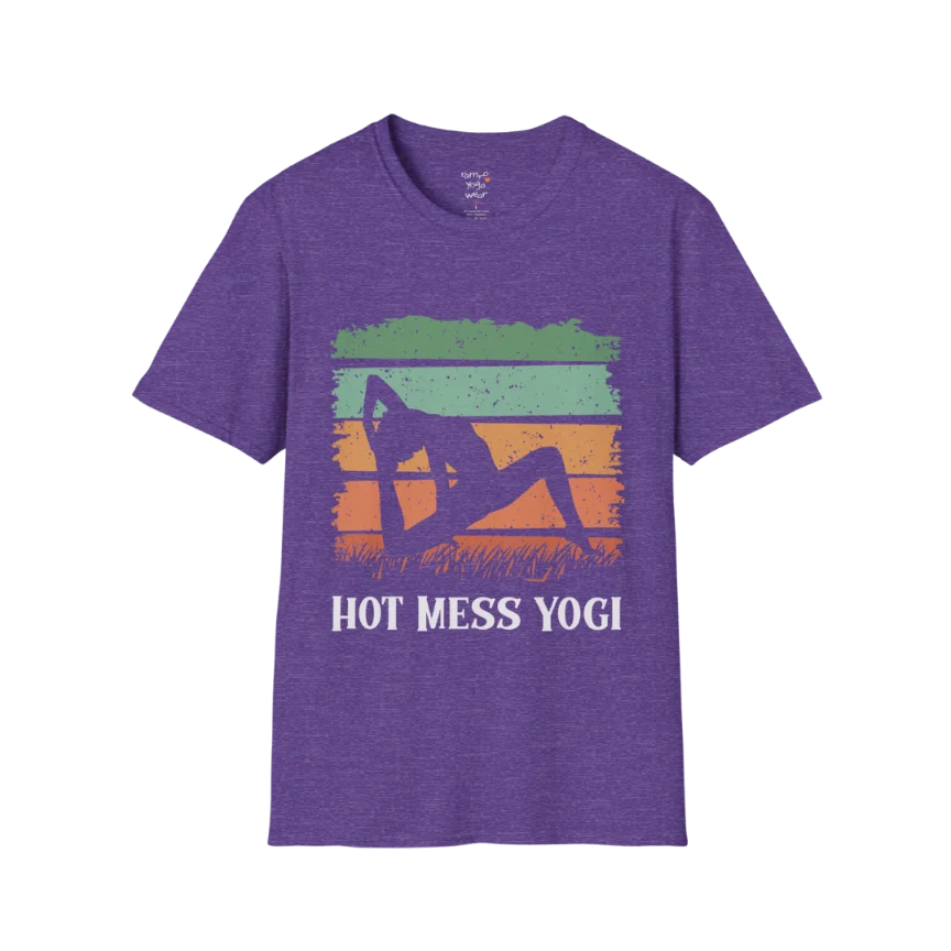 Hot Mess T-Shirt Heather Purple featuring vintage-inspired sunset yoga artwork with playful calm energy and relaxed mindful style. Soft lifestyle tee for yoga lovers and free spirits.