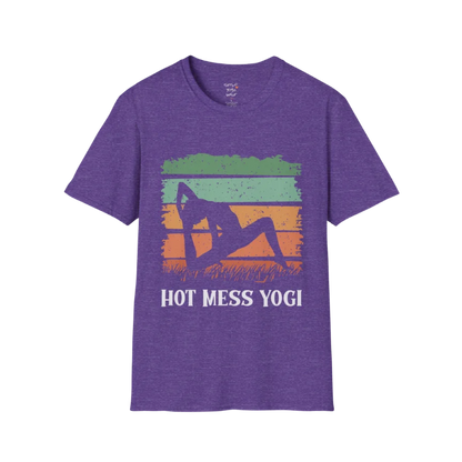 Hot Mess T-Shirt Heather Purple featuring vintage-inspired sunset yoga artwork with playful calm energy and relaxed mindful style. Soft lifestyle tee for yoga lovers and free spirits.
