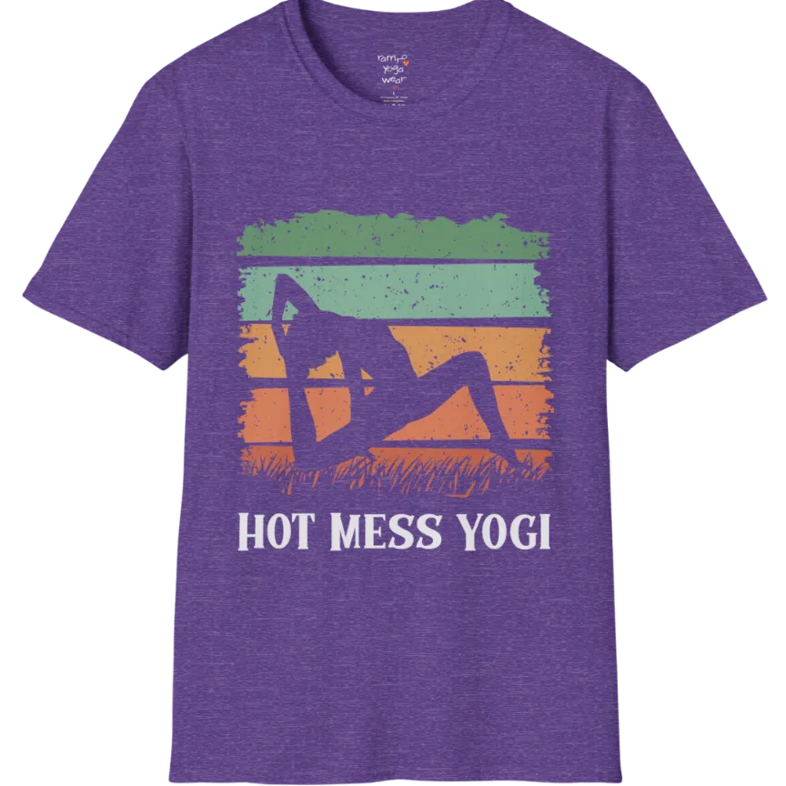 Retro sunset yoga silhouette in backbend pose with striped sky and grass design, "Hot Mess Yogi" text — The Vault collection by Ramro Yoga Wear — Heather Purple