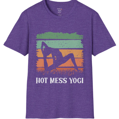 Retro sunset yoga silhouette in backbend pose with striped sky and grass design, "Hot Mess Yogi" text — The Vault collection by Ramro Yoga Wear — Heather Purple