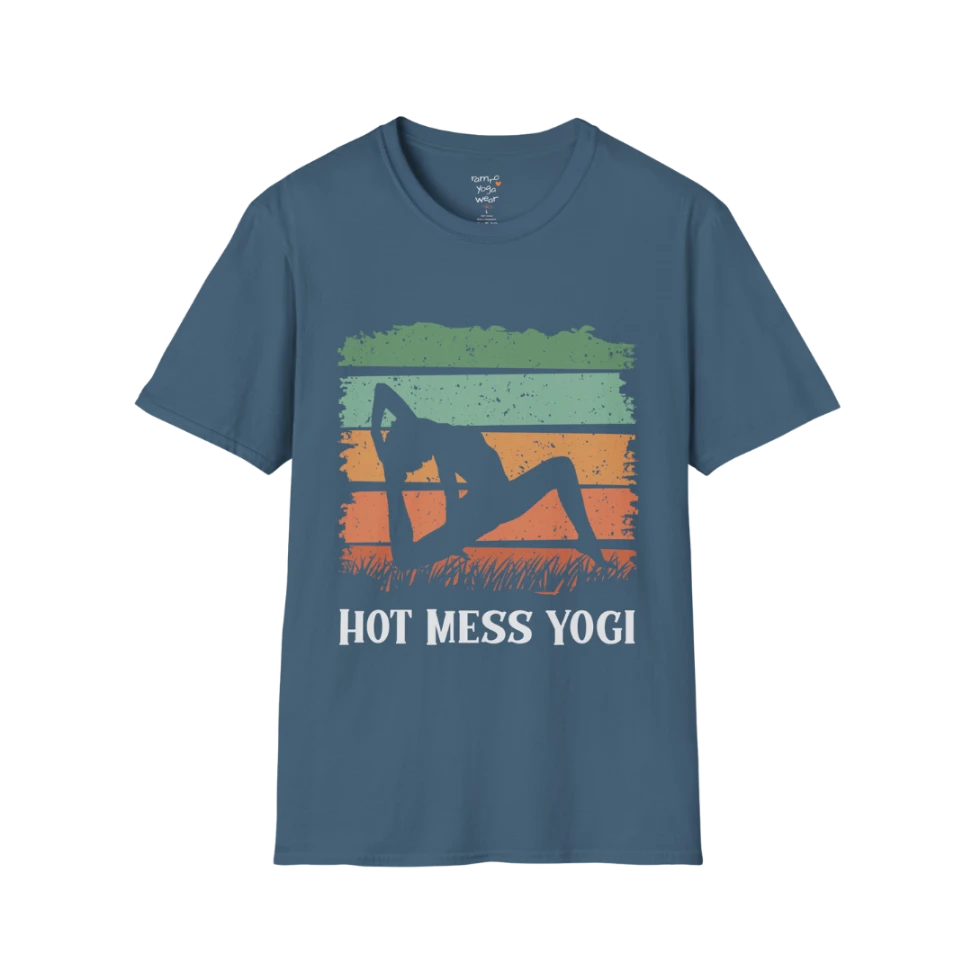 Hot Mess T-Shirt Indigo Blue featuring retro sunset-inspired yoga artwork with warm earthy tones and mindful streetwear aesthetic. Relaxed graphic tee designed for comfort and self-expression.