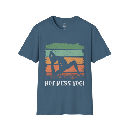 Hot Mess T-Shirt Indigo Blue featuring retro sunset-inspired yoga artwork with warm earthy tones and mindful streetwear aesthetic. Relaxed graphic tee designed for comfort and self-expression.